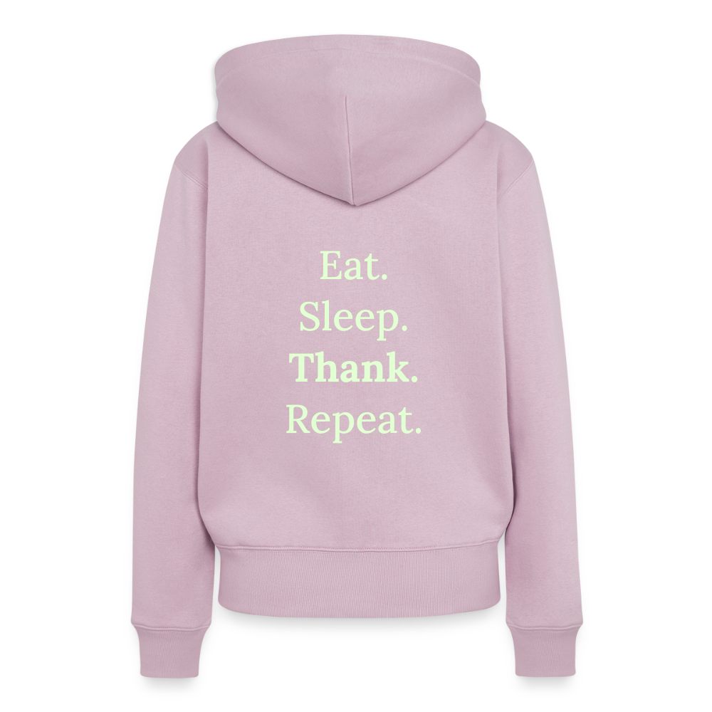 Design-Hoodie „Eat. Sleep. Thank. Repeat.“ für Damen aus Bio-Baumwolle, Farbe: rosa - Dankfabrik.