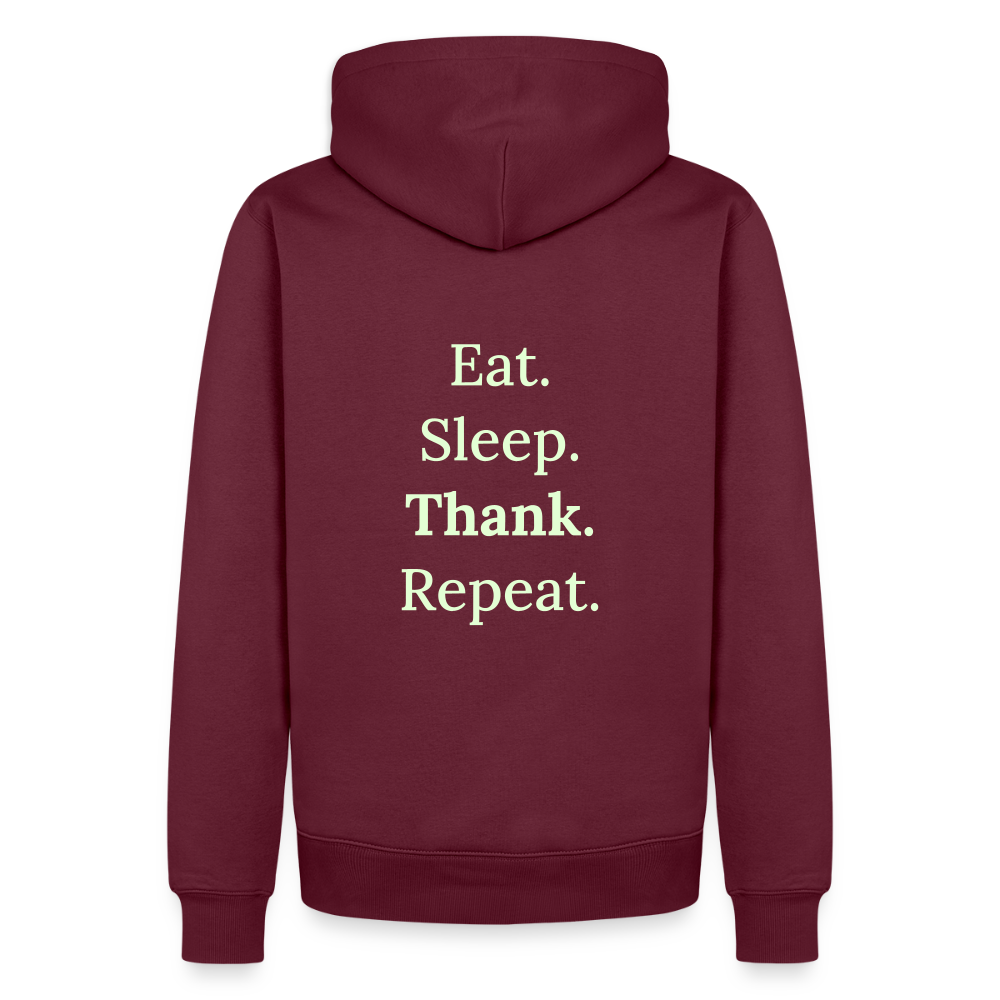 Design-Hoodie „Eat. Sleep. Thank. Repeat.“ für Herren aus Bio-Baumwolle, Farbe: burgunderrot - Dankfabrik.