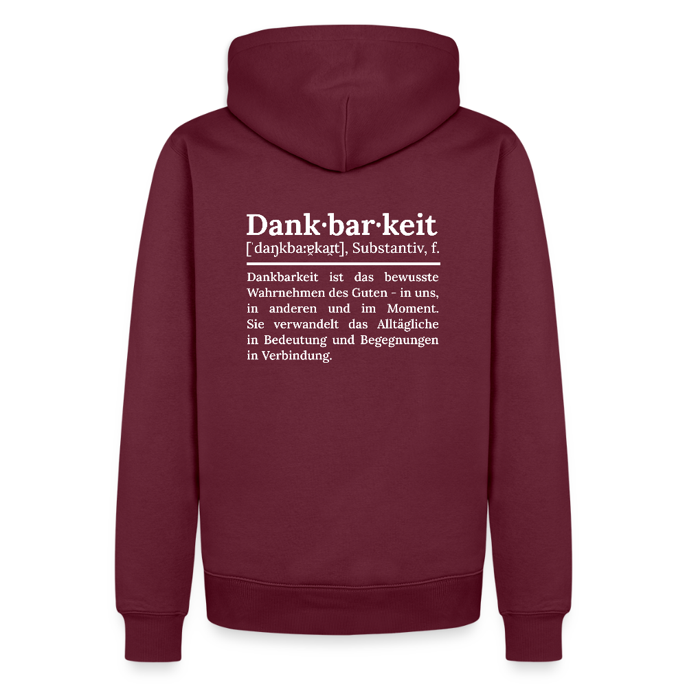 Design-Hoodie „Dankbarkeit“ für Herren aus Bio-Baumwolle, Farbe: burgunderrot – Dankfabrik.