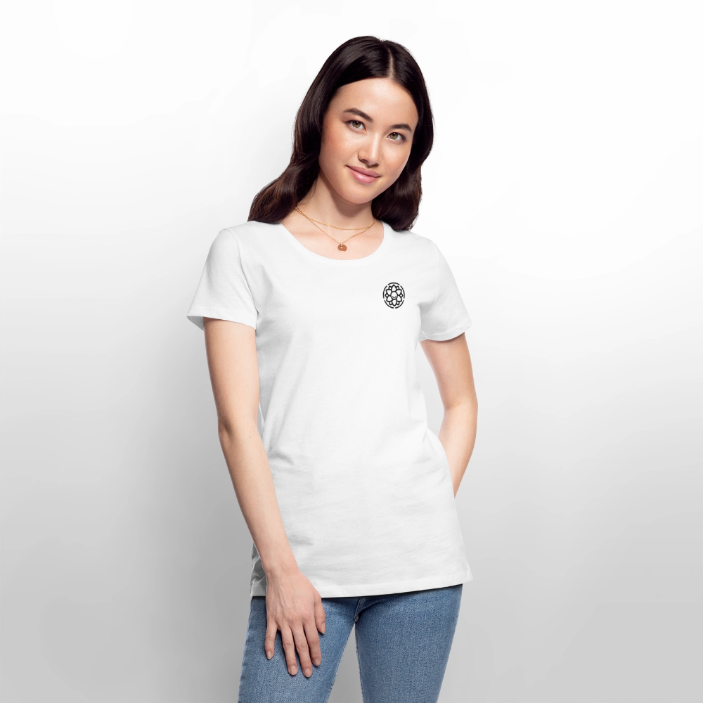 Getragenes Design T-Shirt „Dankbarkeit“ für Damen aus Bio-Baumwolle, Farbe: weiß  – Dankfabrik.