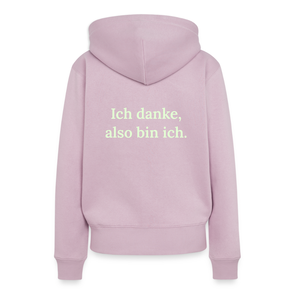 Design-Hoodie „Ich danke, also bin ich“ für Damen aus Bio-Baumwolle, Farbe: rosa – Dankfabrik.