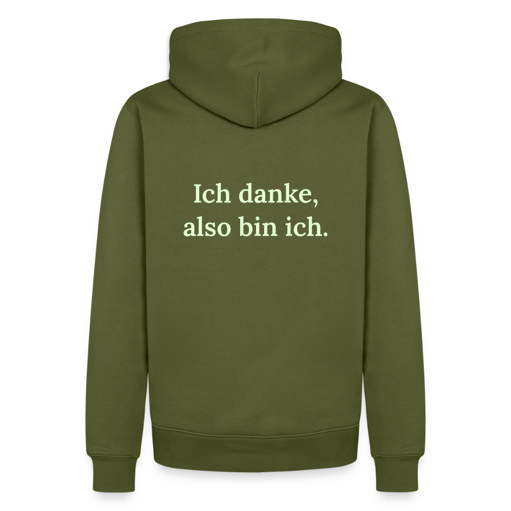 Design Hoodie „Ich danke, also bin ich“ für Herren aus Bio-Baumwolle, Farbe: khaki – Dankfabrik.