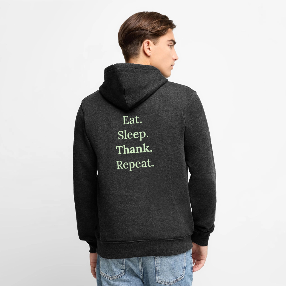Getragener Design-Hoodie „Eat. Sleep. Thank. Repeat.“ für Herren aus Bio-Baumwolle, Farbe: anthrazit - Dankfabrik.