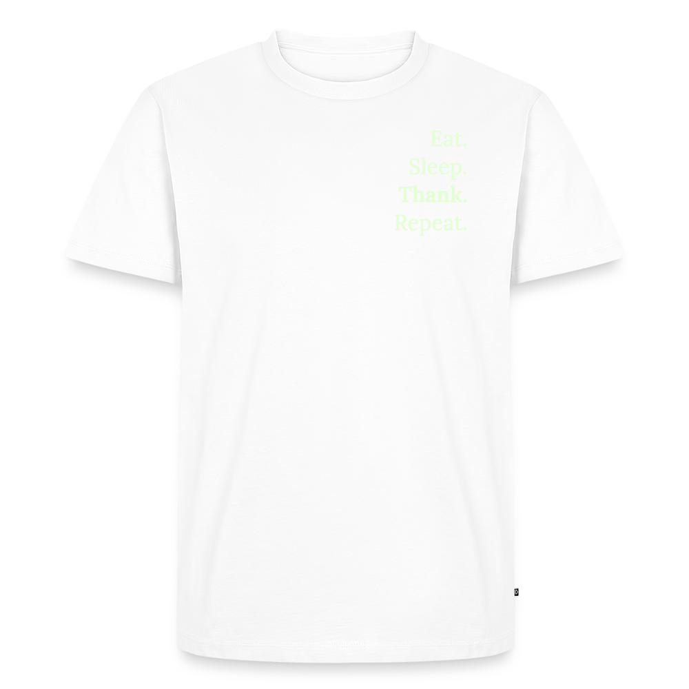 Design T-Shirt „Eat. Sleep. Thank. Repeat.“ für Herren aus Bio-Baumwolle, Farbe: weiß - Dankfabrik.