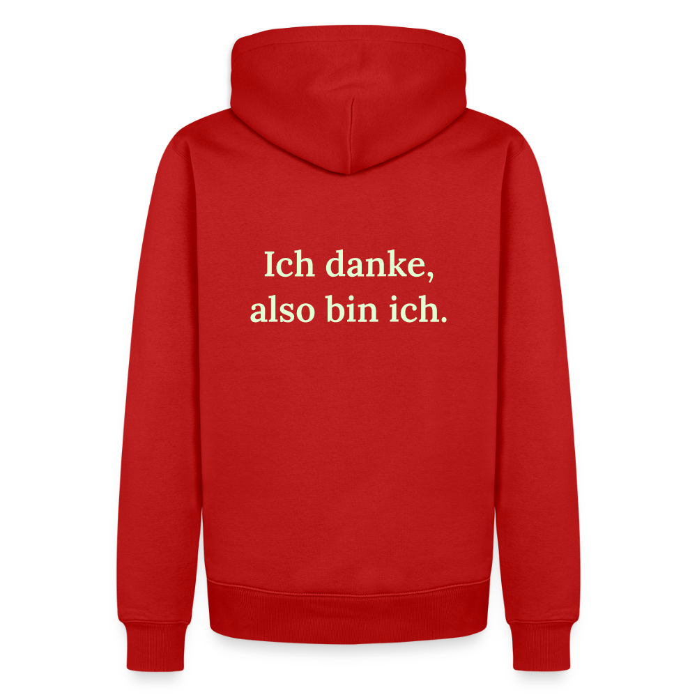Design Hoodie „Ich danke, also bin ich“ für Herren aus Bio-Baumwolle, Farbe: rot – Dankfabrik.