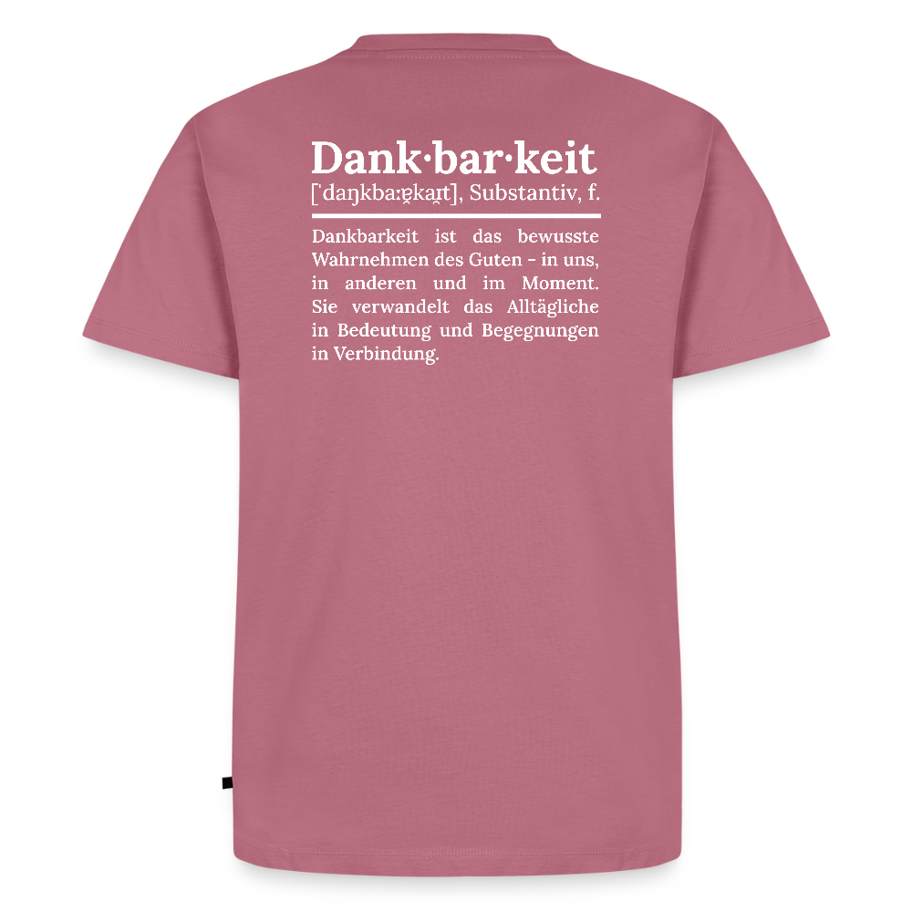Design T-Shirt „Dankbarkeit“ für Herren aus Bio-Baumwolle, Farbe: rosa – Dankfabrik.