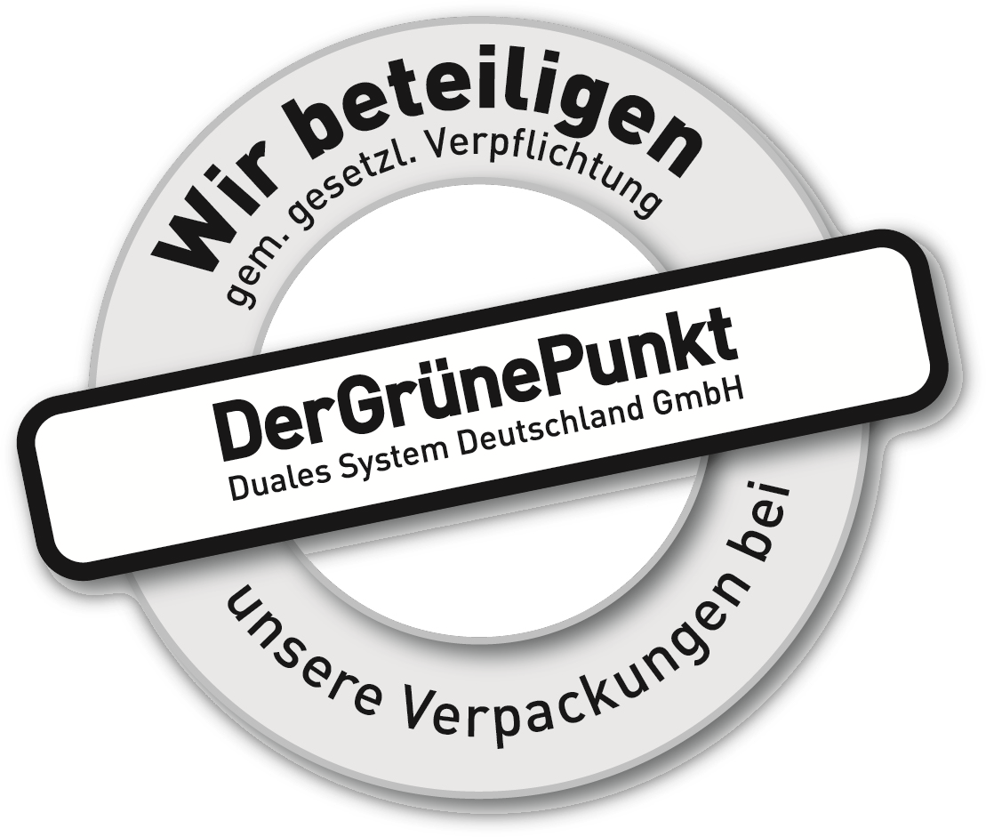 Siegel „Wir beteiligen gem. gesetzl. Verpflichtung unsere Verpackungen bei Der Grüne Punkt – Duales System Deutschland GmbH“.
