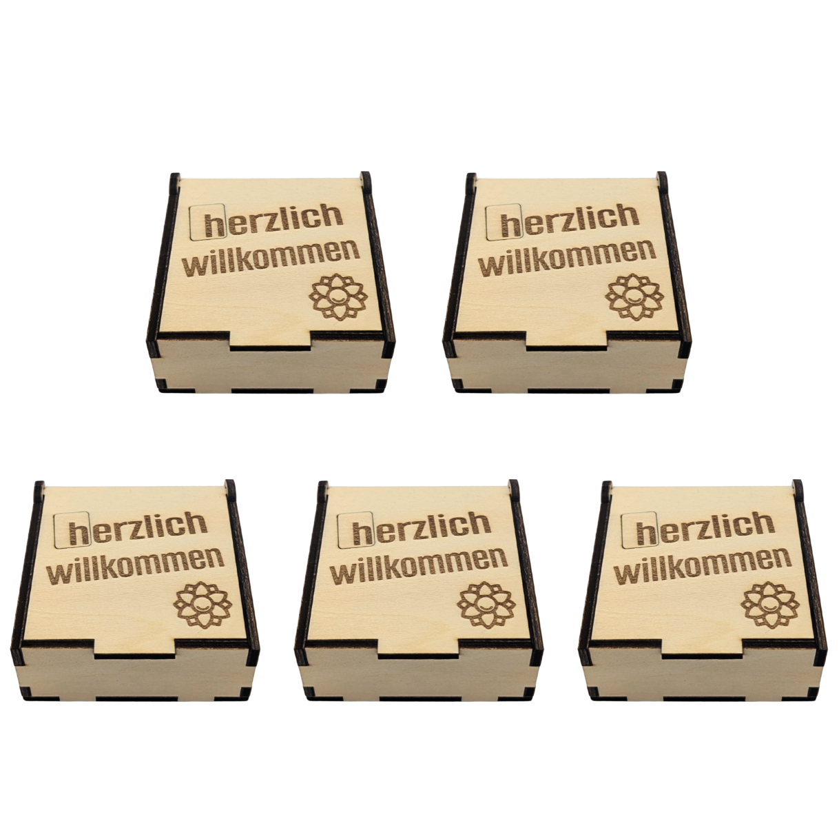 5er-Set „Herzlich Wilkommen" Holzboxen für hanuta® – Der Willkommens-Vorrat