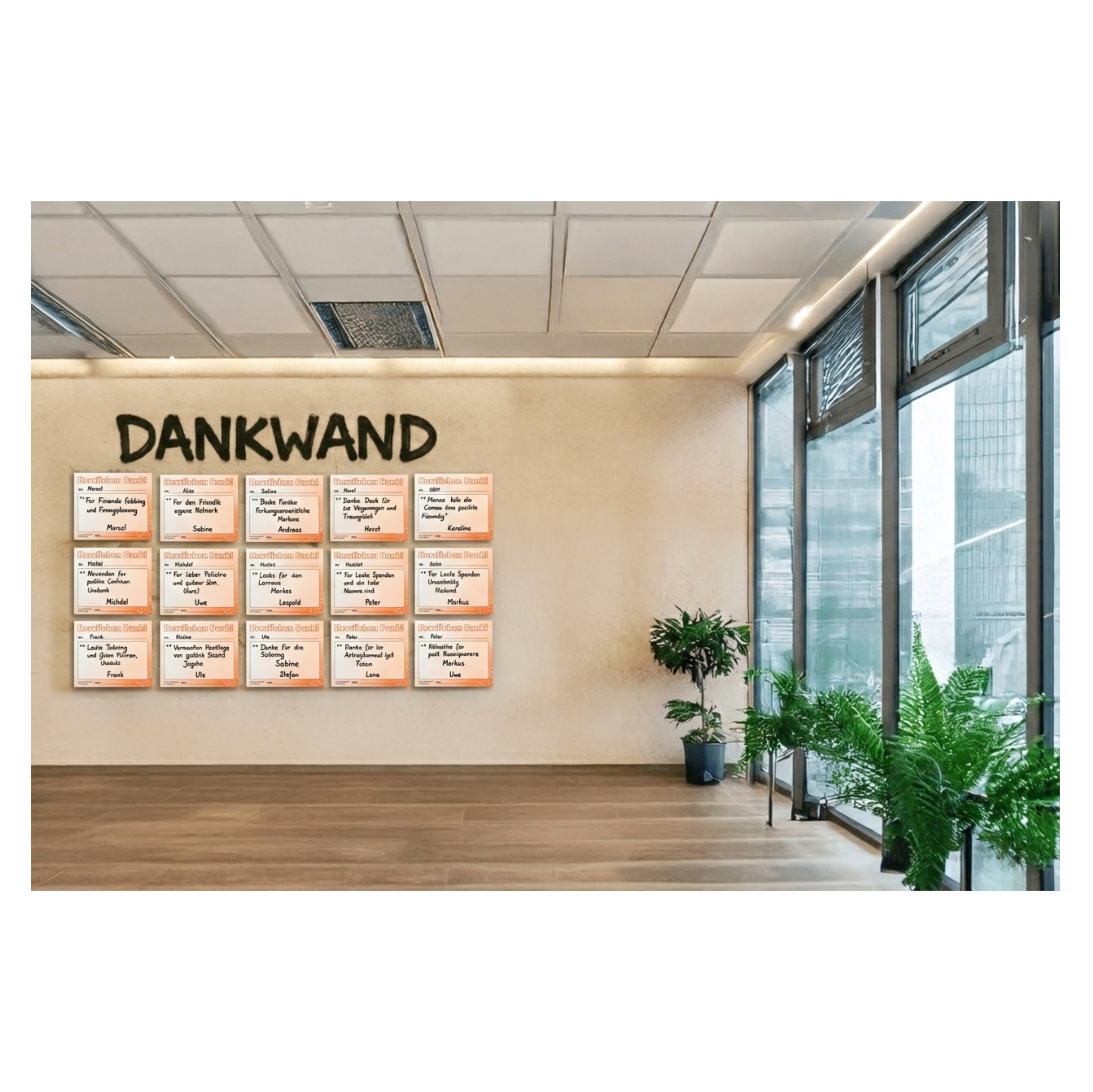 Dankwand in orange von Dankfabrik. Für mehr Wertschätzung. Erfolge sichtbar machen. Made in Germany.