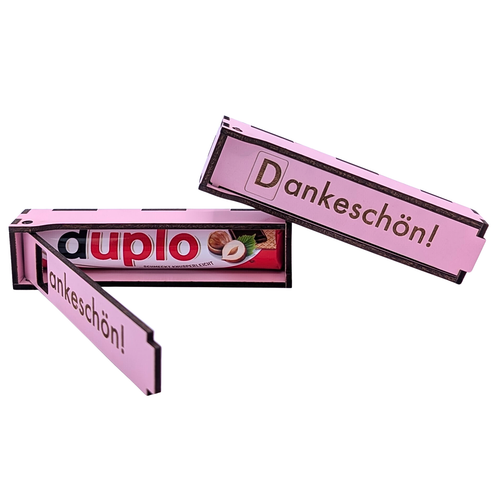 Hochwertige rosa Dankeschön duplo® Box aus Echtholz mit Gravur. Nachhaltige Aufbewahrung von Dankfabrik für mehr Wertschätzung. Made in Germany & nachhaltig.