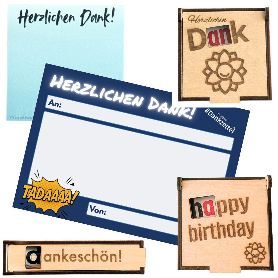 Bundle der Dankfabrik aus hochwertigen Holzboxen und Dankzetteln. Für Wertschätzung, Dankbarkeit und Geburtstage. Nachhaltige Aufbewahrung von Dankfabrik.