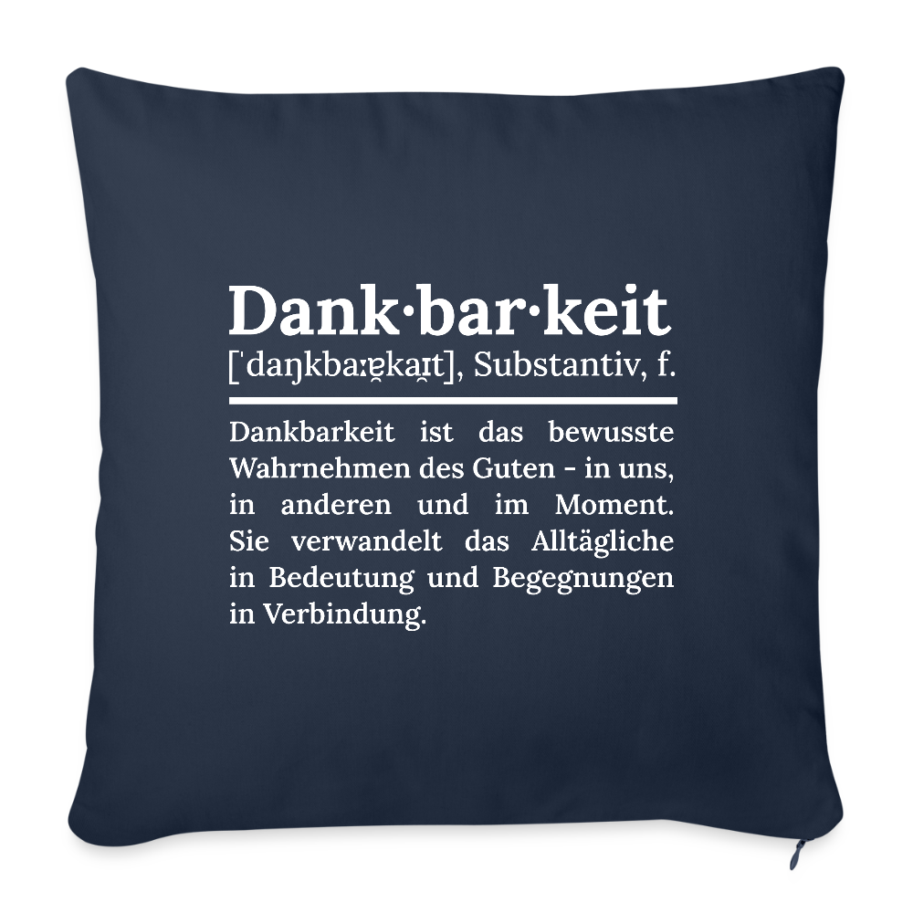 Design-Kissen „Dankfabrik“ in Navy-blau, hochwertiges Dekokissen mit Botschaft von Dankfabrik.