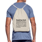 Getragener Design-Turnbeutel „Dankbarkeit“ in beige aus Bio-Baumwolle. Nachhaltiger Stoffbeutel als treuer Alltagsbegleiter.