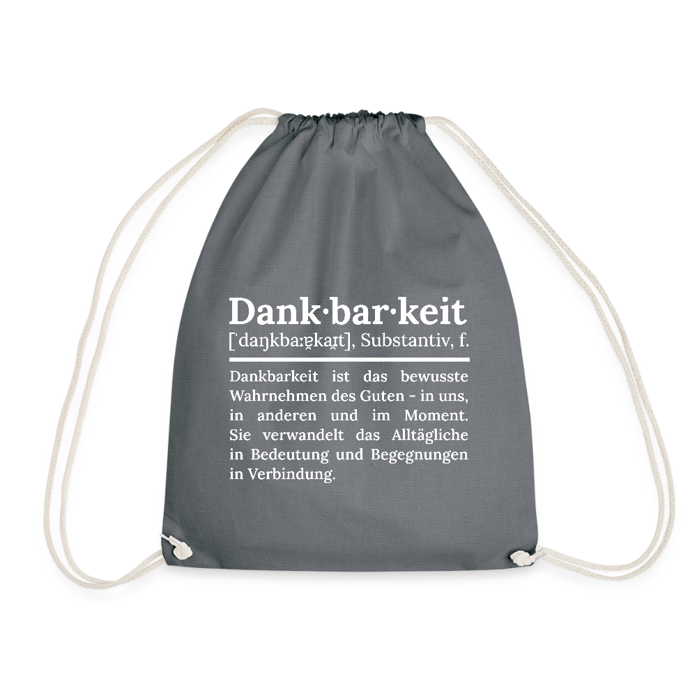 Design-Turnbeutel „Dankbarkeit“ in grau aus Bio-Baumwolle. Nachhaltiger Stoffbeutel als treuer Alltagsbegleiter.