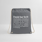 Design-Turnbeutel „Dankbarkeit“ in grau aus Bio-Baumwolle. Aufgestellter nachhaltiger Stoffbeutel als treuer Alltagsbegleiter.
