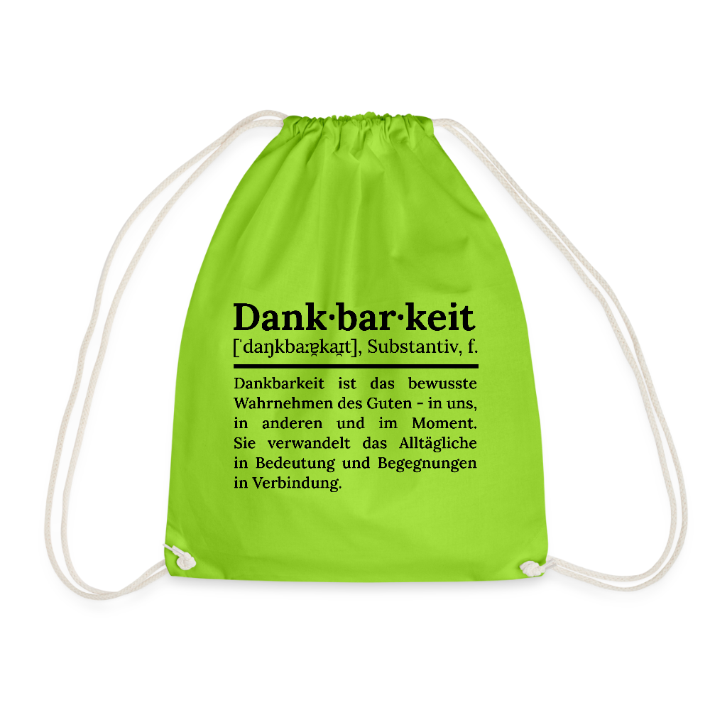 Design-Turnbeutel „Dankbarkeit“ in neongrün aus Bio-Baumwolle. Nachhaltiger Stoffbeutel als treuer Alltagsbegleiter.