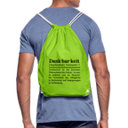 Getragener Design-Turnbeutel „Dankbarkeit“ in blau aus Bio-Baumwolle. Nachhaltiger Stoffbeutel als treuer Alltagsbegleiter.