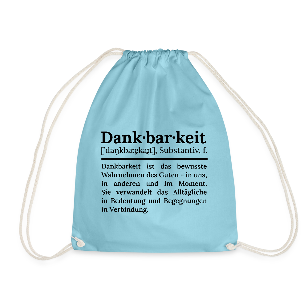 Design-Turnbeutel „Dankbarkeit“ in hellblau aus Bio-Baumwolle. Nachhaltiger Stoffbeutel als treuer Alltagsbegleiter.