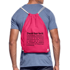 Getragener Design-Turnbeutel „Dankbarkeit“ in rosa aus Bio-Baumwolle. Nachhaltiger Stoffbeutel als treuer Alltagsbegleiter.