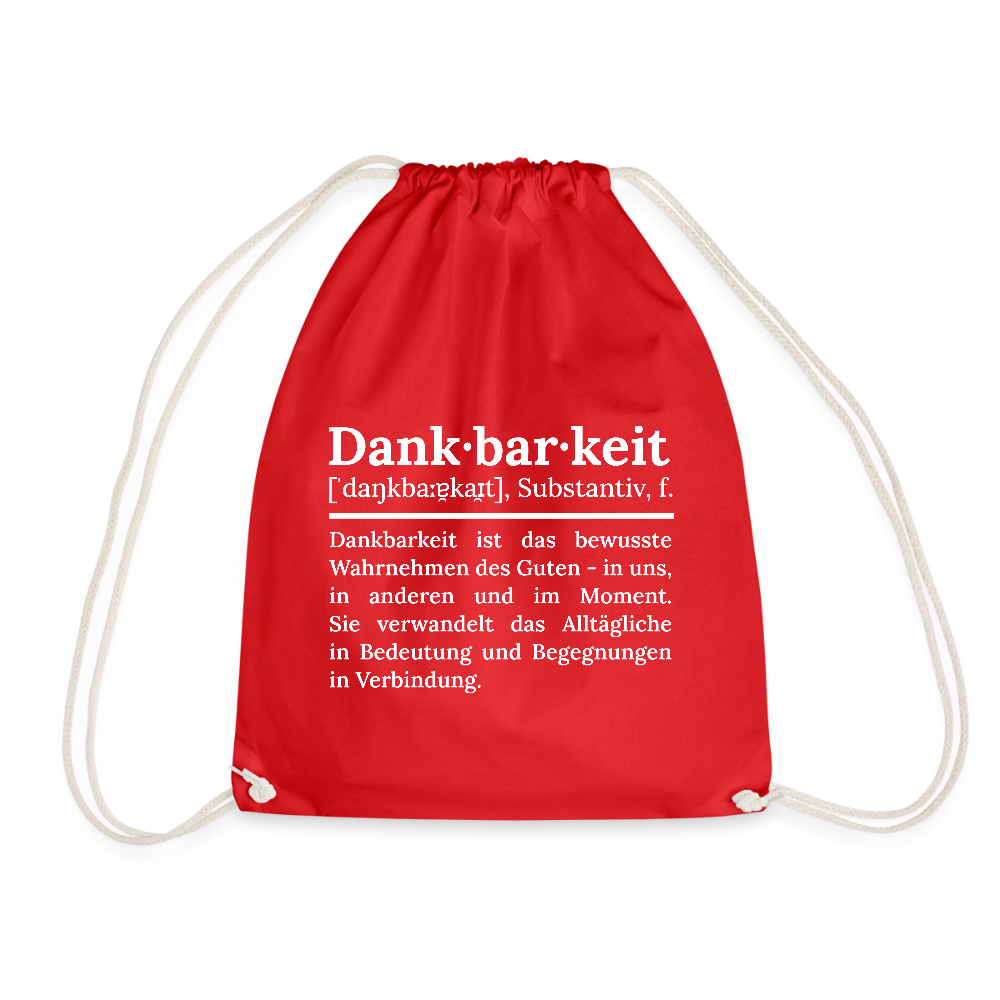 Design-Turnbeutel „Dankbarkeit“ in rot aus Bio-Baumwolle. Nachhaltiger Stoffbeutel als treuer Alltagsbegleiter.