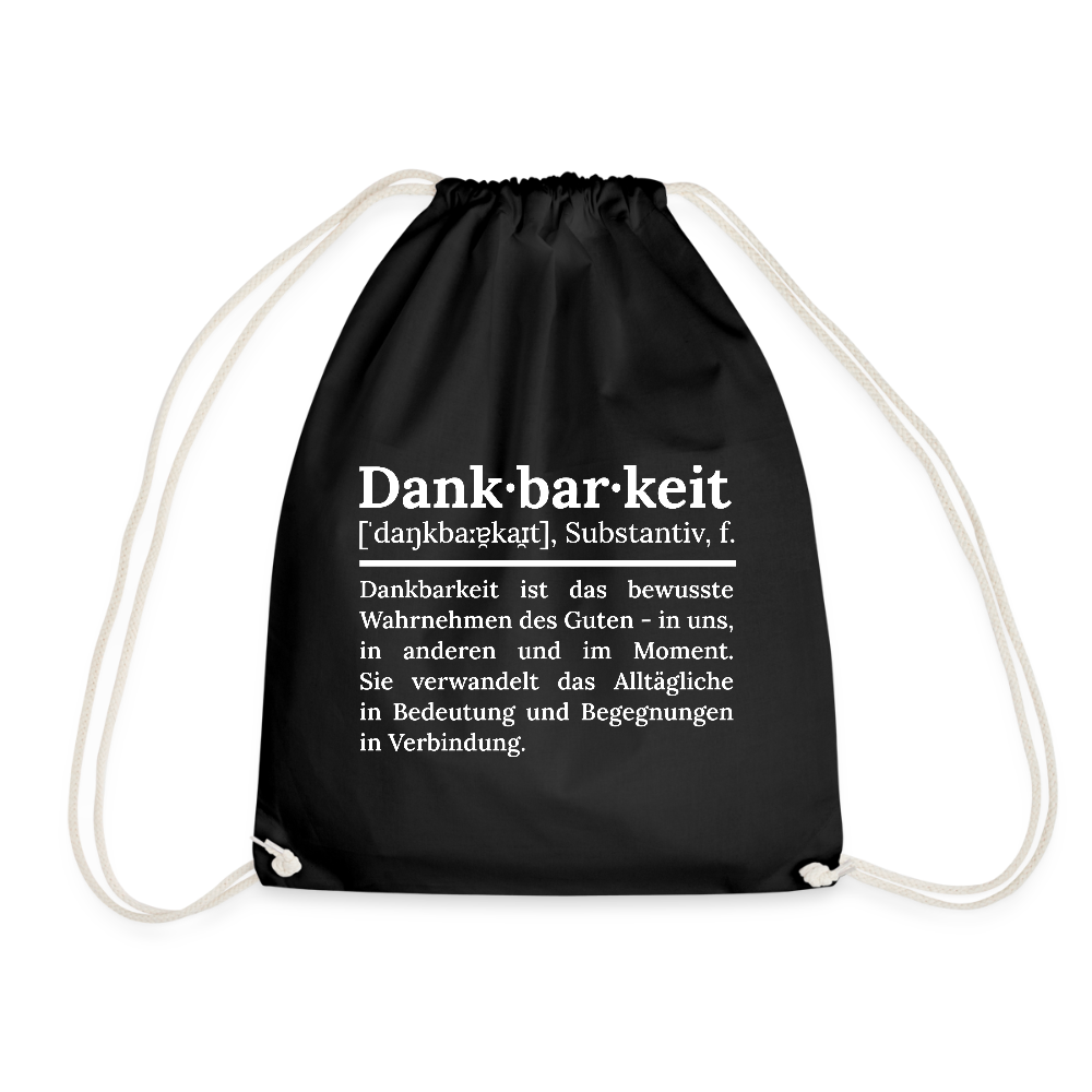 Design-Turnbeutel „Dankbarkeit“ in schwarz aus Bio-Baumwolle. Nachhaltiger Stoffbeutel als treuer Alltagsbegleiter.