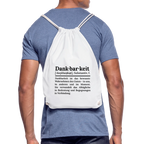 Getragener Design-Turnbeutel „Dankbarkeit“ in weiß aus Bio-Baumwolle. Nachhaltiger Stoffbeutel als treuer Alltagsbegleiter.